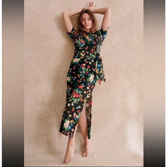 Sézane Pippa Navy Floral Long Maxi Dress Short Sleeve Tie Waist Size M - Picture 1 of 9